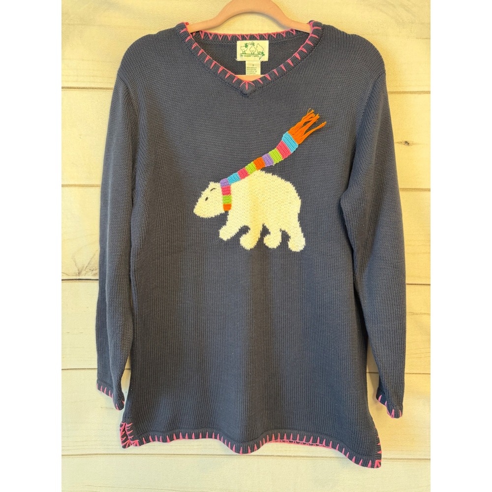 Quacker Factory Polar Bear Scarf Navy Blue V-Neck Knit Sweater Womens Small